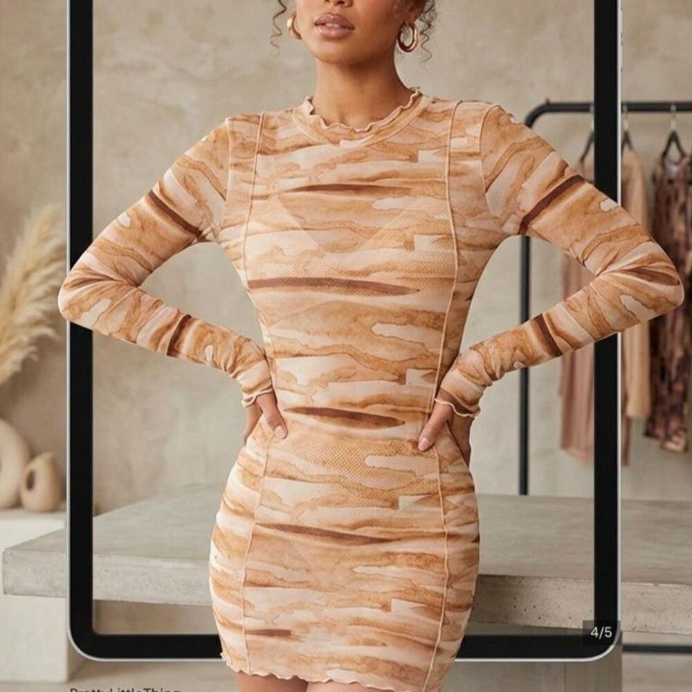 PrettyLittleThing Tan Marble Mesh Mini Dress Size 8 Whimsigoth Coastal Beach